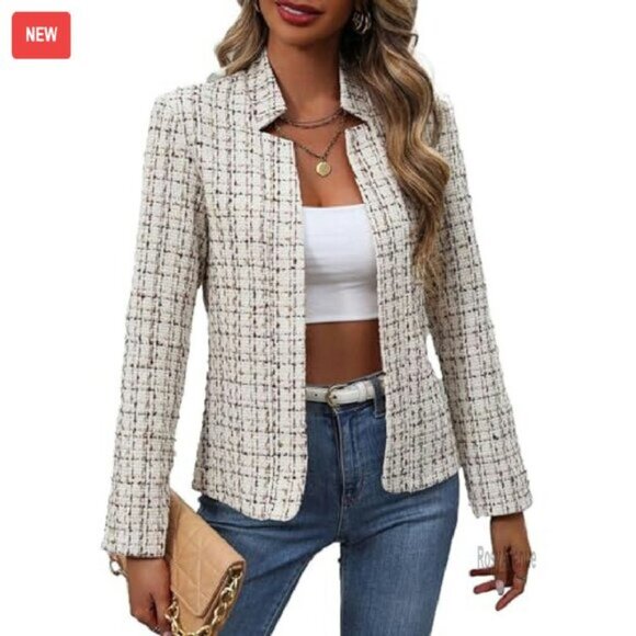 Women's Tweed Blazer Fully Lined Open Front Professional Casual Coat - Picture 2 of 8